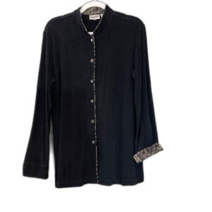 CHICO'S TRAVELERS Button Up Slinky Cardigan Jacket  Aztec Flip Cuff XL Black